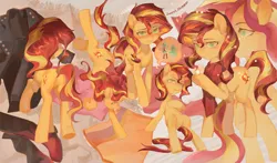 Size: 5717x3366 | Tagged: safe, artist:快乐的小马, derpibooru import, lyra heartstrings, sunset shimmer, human, pony, equestria girls, blushing, butt, clothes, featureless crotch, female, image, jpeg, mare, meme, plot, scarf, sitting, sitting lyra, solo, thinking