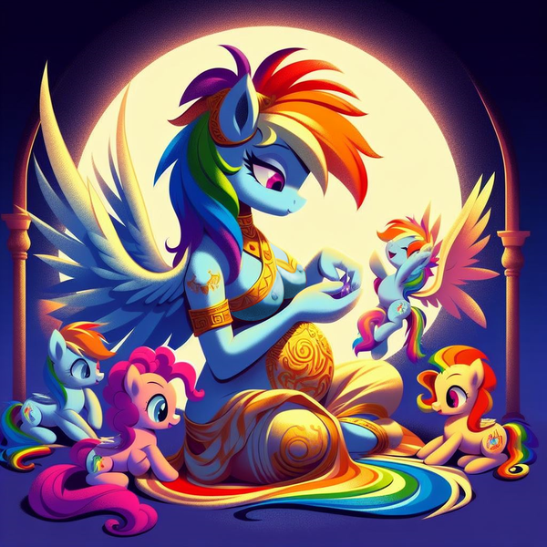 Size: 1024x1024 | Tagged: questionable, ai content, derpibooru import, machine learning generated, prompter:*rainbow dash*, rainbow dash, anthro, pony, breasts, casual nudity, foal, foalsitting, generator:bing image creator, image, nudity, offspring, parent:rainbow dash, png, pregnant, spread wings, wings