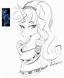 Size: 2871x3511 | Tagged: safe, artist:thelunarmoon, derpibooru import, idw, princess luna, alicorn, pony, reflections, spoiler:comic, alternate hairstyle, artemis luna, bust, female, grayscale, image, jpeg, lidded eyes, mare, mirror universe, monochrome, signature, simple background, sketch, smiling, solo, white background