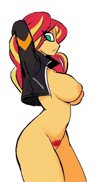 Size: 533x1024 | Tagged: questionable, artist:behitbo, derpibooru import, sunset shimmer, human, equestria girls, areola, arm behind head, big breasts, breasts, busty sunset shimmer, clothes, eye clipping through hair, eyebrows, eyebrows visible through hair, female, frown, image, inverted nipples, jacket, jpeg, looking at you, nipples, nudity, profile, pubic hair, puffy areolas, simple background, solo, solo female, white background