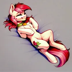 Size: 4096x4096 | Tagged: safe, ai content, derpibooru import, machine learning generated, prompter:doom9454, stable diffusion, roseluck, pony, behaving like a cat, collar, cute, eyes closed, generator:purplesmart.ai, image, jpeg, lying down, on back, pet tag, pony pet, rosepet