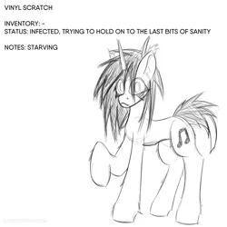 Size: 4000x4000 | Tagged: semi-grimdark, artist:meqmewmew, derpibooru import, part of a set, vinyl scratch, pony, unicorn, alternate universe, amputee, concave belly, dirty, eyelashes, grayscale, image, injured, looking at you, monochrome, png, raised hoof, simple background, solo, starvation, starving, text, unshorn fetlocks, white background, white pupils