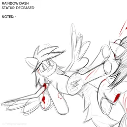 Size: 4000x4000 | Tagged: semi-grimdark, artist:meqmewmew, derpibooru import, part of a set, rainbow dash, undead, zombie, alternate universe, bite mark, blood, broken wing, fight, hooves, image, imminent death, implied death, injured, kicking, lying down, monochrome, nosebleed, on back, png, scared, simple background, text, white background, wings