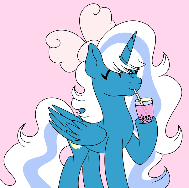 Size: 3456x3441 | Tagged: safe, artist:princesslilybrush, derpibooru import, oc, oc:fleurbelle, unofficial characters only, alicorn, pony, alicorn oc, bow, bubble tea, cute, drink, drinking, female, hair bow, horn, image, mare, pink background, pink bow, png, simple background, solo, straw, wings