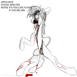 Size: 5000x5000 | Tagged: semi-grimdark, artist:meqmewmew, derpibooru import, part of a set, applejack, earth pony, pony, undead, zombie, alternate universe, blood, broken leg, bruised, dirty, dripping blood, extra legs, image, infected, looking at you, missing cutie mark, multiple eyes, multiple mouths, mutant, mutated zombie, nightmare fuel, png, raised hoof, simple background, solo, text, unshorn fetlocks, white background