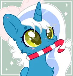 Size: 2634x2720 | Tagged: safe, artist:sarahsuresh-art, derpibooru import, oc, oc:fleurbelle, unofficial characters only, alicorn, pony, alicorn oc, bow, candy, candy cane, female, food, green background, hair bow, heart, heart eyes, horn, image, mare, mouth hold, pink bow, png, simple background, solo, sparkles, wingding eyes, wings, yellow eyes