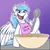 Size: 2500x2500 | Tagged: safe, artist:sugaryviolet, derpibooru import, oc, oc:starburn, unofficial characters only, pegasus, pony, bib, bowl, cereal, cereal killer, evil grin, female, food, gradient background, grin, hoof hold, image, png, pun, purple background, sharp teeth, simple background, smiling, solo, spoon, spread wings, teeth, wings