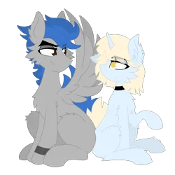Size: 4096x4096 | Tagged: safe, artist:kotwitz, artist:vinyvitz, derpibooru import, oc, oc:aria taitava, oc:shade ru, unofficial characters only, pegasus, unicorn, derpibooru community collaboration, 2024 community collab, chest fluff, choker, derpibooru exclusive, duo, ear fluff, ear piercing, earring, eye contact, hoof fluff, horn, image, jewelry, looking at each other, looking at someone, male and female, multicolored hair, pegasus oc, piercing, png, raised hoof, sitting, smiling, smiling at each other, spread wings, unicorn oc, wings
