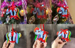 Size: 9000x5800 | Tagged: safe, artist:alcor, artist:neo glin, derpibooru import, rainbow dash, pegasus, pony, absurd resolution, bound wings, christmas, christmas tree, craft, female, figurine, g4, holiday, image, mare, open mouth, photo, png, ribbon, sculpture, solo, tied up, tree, wings