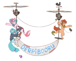 Size: 5411x4333 | Tagged: safe, artist:rexyseven, derpibooru import, oc, oc:koraru koi, oc:rusty gears, oc:whispy slippers, unofficial characters only, earth pony, merpony, pony, derpibooru community collaboration, amputee, clothes, female, flying, group, helmet, image, png, prosthetic limb, prosthetics, rebreather, scarf, simple background, slippers, socks, striped socks, sweater, transparent background