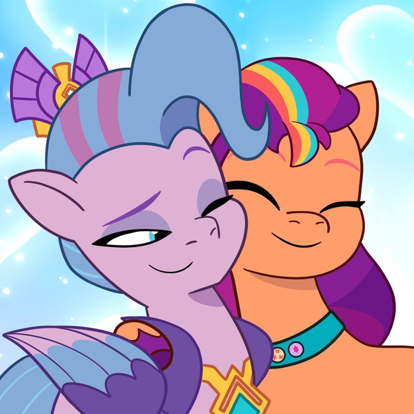 Size: 1794x1794 | Tagged: safe, artist:daisy_marshmallow, derpibooru import, queen haven, sunny starscout, earth pony, pegasus, g5, crown, eyes closed, female, hug, i can't believe it's not hasbro studios, image, jewelry, jpeg, lesbian, looking at each other, looking at someone, regalia, ship:sunnyhaven, shipping, show accurate, smiling