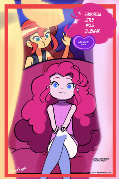 Size: 1560x2340 | Tagged: safe, artist:drantyno, pinkie pie, sunset shimmer, comic:equestria little girls calendar, equestria girls, :3, clothes, image, png, sitting, sweater, turtleneck