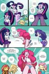 Size: 1560x2340 | Tagged: suggestive, artist:drantyno, applejack, fluttershy, pinkie pie, rarity, sci-twi, sunset shimmer, twilight sparkle, comic:equestria little girls calendar, equestria girls, butt, clothes, dialogue, image, panties, panty shot, png, twibutt