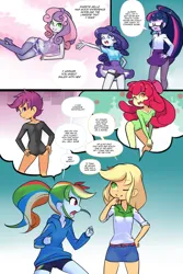 Size: 1560x2340 | Tagged: suggestive, artist:drantyno, banned from derpibooru, apple bloom, applejack, rainbow dash, rarity, sci-twi, scootaloo, sweetie belle, twilight sparkle, comic:equestria little girls calendar, equestria girls, butt, clothes, dialogue, female, garter belt, image, leotard, lingerie, lolicon, long socks, panties, panty shot, png, scootabutt, stupid sexy apple bloom, stupid sexy scootaloo, stupid sexy sweetie belle, underage