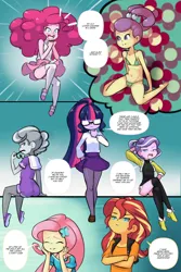 Size: 1560x2340 | Tagged: suggestive, artist:drantyno, banned from derpibooru, diamond tiara, fluttershy, lily pad (equestria girls), pinkie pie, sci-twi, silver spoon, sunset shimmer, twilight sparkle, comic:equestria little girls calendar, equestria girls, bikini, butt, clothes, dialogue, female, image, lilypie, lolicon, png, silverbutt, stupid sexy diamond tiara, stupid sexy lily pad, stupid sexy silver spoon, swimsuit, underage