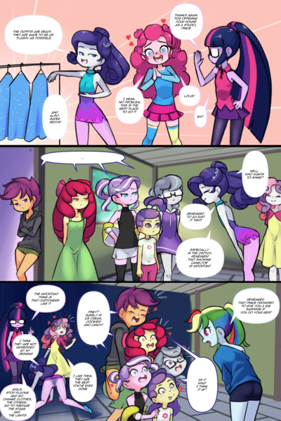 Size: 1560x2340 | Tagged: safe, artist:drantyno, apple bloom, diamond tiara, lily pad (equestria girls), pinkie pie, rainbow dash, rarity, sci-twi, scootaloo, silver spoon, sweetie belle, twilight sparkle, comic:equestria little girls calendar, equestria girls, butt, clothes, dialogue, image, png, rearity