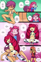 Size: 1560x2340 | Tagged: suggestive, artist:drantyno, banned from derpibooru, apple bloom, pinkie pie, scootaloo, sunset shimmer, comic:equestria little girls calendar, equestria girls, bikini, bloom butt, butt, cameltoe, clothes, cow bikini, dialogue, female, image, lolicon, modeling, png, scootabutt, sling bikini, stupid sexy apple bloom, stupid sexy scootaloo, swimsuit, tanned, underage