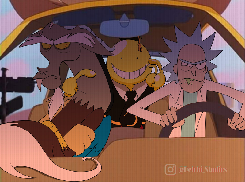 Size: 2990x2217 | Tagged: safe, artist:naquelinedelch2, derpibooru import, discord, draconequus, a goofy movie, assassination classroom, g4, high res, image, korosensei, png, rick and morty, rick sanchez, unamused