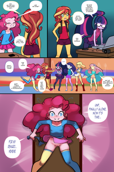 Size: 1560x2340 | Tagged: suggestive, artist:drantyno, banned from derpibooru, applejack, fluttershy, pinkie pie, rarity, sci-twi, sunset shimmer, twilight sparkle, comic:equestria little girls calendar, equestria girls, bottomless, censored, clothes, dialogue, female, image, lolicon, no panties, panties, panty shot, png, underage