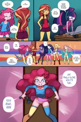 Size: 1560x2340 | Tagged: suggestive, artist:drantyno, banned from derpibooru, applejack, fluttershy, pinkie pie, rarity, sci-twi, sunset shimmer, twilight sparkle, comic:equestria little girls calendar, equestria girls, bottomless, censored, clothes, dialogue, female, image, lolicon, no panties, panties, panty shot, png, underage