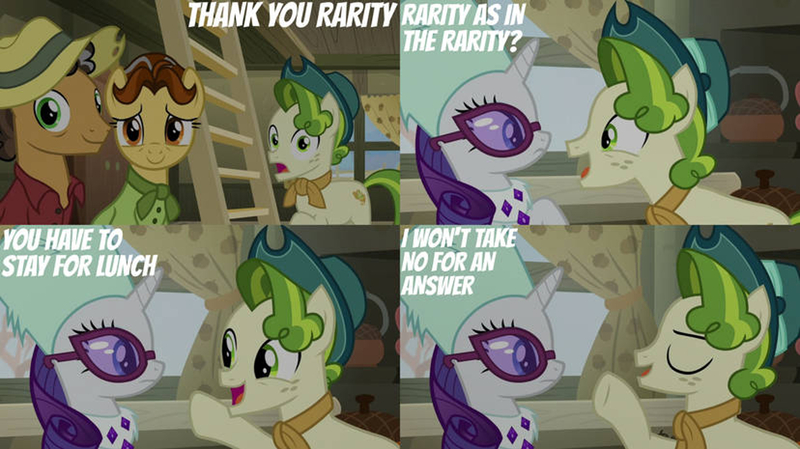 Size: 2000x1123 | Tagged: safe, derpibooru import, edit, edited screencap, editor:quoterific, screencap, butternut, oak nut, pistachio, rarity, best gift ever, hat, image, jpeg, ladder, sunglasses, sweet acorn orchard