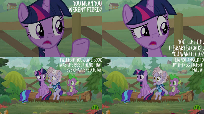 Size: 2000x1123 | Tagged: safe, derpibooru import, edit, edited screencap, editor:quoterific, screencap, dusty pages, spike, twilight sparkle, twilight sparkle (alicorn), alicorn, dragon, the point of no return, fence, food, helmet, image, jpeg, log, sitting, watermelon, winged spike, wings