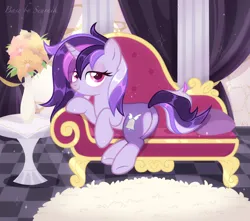 Size: 5000x4424 | Tagged: safe, artist:seurnik, derpibooru import, oc, oc:dreaming bell, unofficial characters only, pony, unicorn, base used, butt, carpet, chair, commission, draw me like one of your french girls, fancy, female, heart butt, horn, image, indoors, looking at you, mare, plants, plot, png, room, solo, two toned coat, unicorn oc, ych result