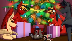 Size: 4000x2250 | Tagged: safe, artist:twotail813, derpibooru import, oc, oc:gear, oc:nightsun, oc:twotail, oc:xarxe blackhoof, unofficial characters only, bat pony, cat, dragon, pegasus, brother and sister, christmas, christmas lights, christmas tree, ear fluff, fangs, female, happy new year, happy new year 2024, holiday, image, male, png, present, siblings, tree, wings, yarn, yarn ball