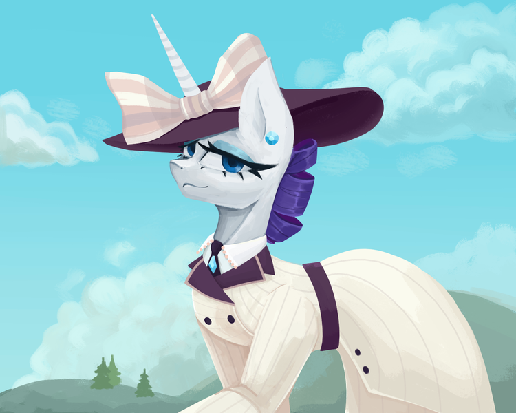Size: 1500x1200 | Tagged: safe, artist:anastas, derpibooru import, rarity, pony, unicorn, ppov, blue eyes, bow, clothes, cloud, crystal, detailed background, dress, ear piercing, earring, eyelashes, female, g4, hat, image, jewelry, lidded eyes, looking at you, mare, necktie, no tail, piercing, png, purple mane, raised hoof, raristocrat, rose dewitt bukater, smiling, smiling at you, solo, solo female, titanic, walking, white coat