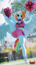Size: 2160x3840 | Tagged: safe, artist:loveslove, derpibooru import, rainbow dash, anthro, pegasus, plantigrade anthro, 3d, ankles, boob window, breasts, cheerleader, cheerleader outfit, cleavage, clothes, female, g4, image, jpeg, legs, looking at you, midriff, outdoors, pom pom, shoes, shorts, sky, smiling, smiling at you, socks, solo, sports bra, sports shorts, thighs, tree, wings