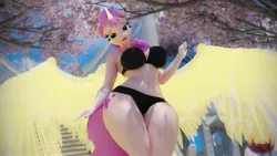 Size: 3840x2160 | Tagged: suggestive, artist:loveslove, derpibooru import, sunny starscout, alicorn, anthro, plantigrade anthro, g5, 3d, bedroom eyes, belly button, bra, breasts, busty sunny starscout, cherry blossoms, cleavage, clothes, cutie mark, fingernails, flower, flower blossom, hips, horn, image, jpeg, legs, looking at you, midriff, nail polish, nails, outdoors, stairs, thighs, tree, underwear, wide hips, wings
