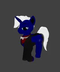 Size: 894x1080 | Tagged: safe, artist:nobody number 2, derpibooru import, oc, oc:regal thunder, unofficial characters only, alicorn, blue pony, bowtie, clothes, cutie mark, gray background, horn, image, lidded eyes, png, simple background, suit, tail, white mane, white tail, wings