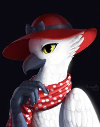 Size: 1663x2117 | Tagged: safe, artist:kleowolfy, derpibooru import, oc, oc:princess lycklig, gryphon, equestria at war mod, bust, griffon oc, hat, image, png, portrait, simple background, solo