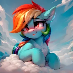 Size: 2048x2048 | Tagged: safe, ai content, derpibooru import, machine learning generated, prompter:felixx, stable diffusion, rainbow dash, pegasus, chest fluff, cloud, ear fluff, generator:easyfluff v11.2, image, lying down, lying on a cloud, on a cloud, png