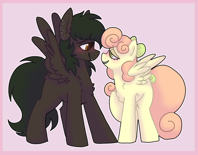 Size: 2800x2200 | Tagged: safe, artist:puppie, derpibooru import, oc, oc:stormchaser, oc:sunnypatch, pegasus, pony, blushing, bow, cute, hair bow, image, looking at each other, looking at someone, png, simple background, singing, tail, tail bow