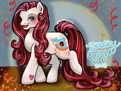 Size: 1032x774 | Tagged: safe, artist:sparkytopia, derpibooru import, january joy, earth pony, pony, g3, confetti, image, jpeg, new year, open mouth, red hair, streamers, white pony