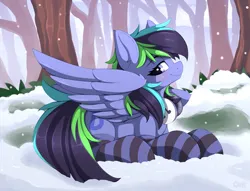 Size: 1493x1138 | Tagged: safe, artist:omi, derpibooru import, oc, oc:dark derp, unofficial characters only, pegasus, pony, blushing, clothes, female, forest, image, nature, png, smiling, snow, snowfall, socks, solo, striped socks, tree, wings, winter