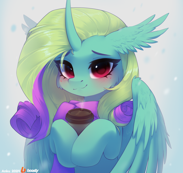 Size: 1796x1698 | Tagged: safe, artist:anku, derpibooru import, oc, unofficial characters only, alicorn, pony, blushing, clothes, coffee, female, image, looking at you, mare, patreon, patreon reward, png, scarf, simple background, solo, solo female