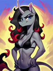 Size: 3072x4096 | Tagged: suggestive, ai content, derpibooru import, machine learning generated, prompter:tfhaiart, stable diffusion, oleander (tfh), anthro, classical unicorn, unicorn, them's fightin' herds, abstract background, belly button, bikini, black bikini, black hair, blue eyes, breasts, clothes, cloven hooves, community related, female, generator:purplesmart.ai, gray body, horn, image, jpeg, leonine tail, looking at you, sexy, skinny, slender, smiling, smiling at you, solo, solo female, stupid sexy oleander, swimsuit, tail, thin, unshorn fetlocks