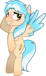 Size: 1035x1693 | Tagged: safe, artist:stellardusk, derpibooru import, oc, oc:lumin light, unofficial characters only, pegasus, pony, beige body, blushing, colored, colored wings, cutie mark, flying, g4, hooves behind head, image, light blue mane, male, multicolored hair, multicolored mane, multicolored wings, nervous, png, shy, stallion, unsure, white mane, wings, yellow eyes