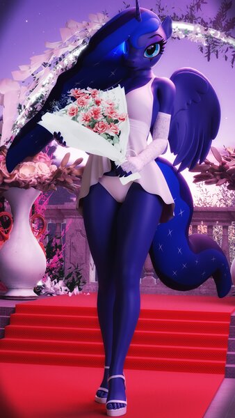 Size: 2160x3840 | Tagged: questionable, alternate version, artist:artempredator, derpibooru import, princess luna, alicorn, anthro, plantigrade anthro, 3d, ankles, breasts, clothes, dress, eyeshadow, feet, high heels, high res, horn, image, jpeg, legs, looking at you, makeup, nail polish, panties, shoes, thighs, toenail polish, toenails, toes, underwear, wedding dress, wedding veil, wings