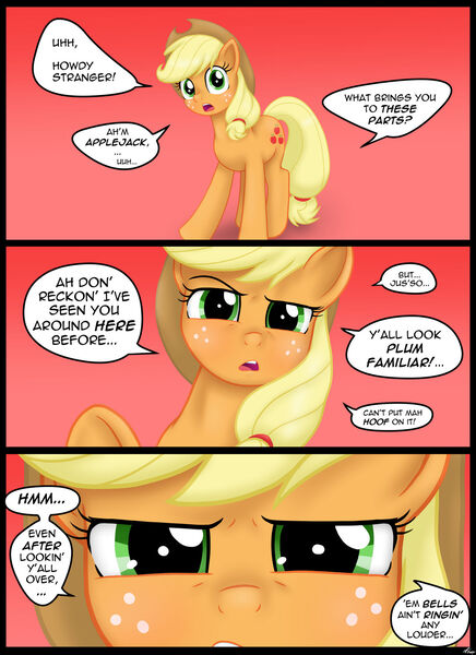 Size: 1280x1761 | Tagged: safe, artist:lennondash, derpibooru import, part of a set, applejack, earth pony, pony, applejack's hat, close-up, comic, cowboy hat, extreme close up, eyebrows, female, freckles, g4, hat, image, jpeg, lidded eyes, looking at you, mare, open mouth, part of a series, raised eyebrow, red background, simple background, solo, speech bubble, talking to viewer