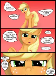 Size: 1280x1761 | Tagged: safe, artist:lennondash, derpibooru import, part of a set, applejack, earth pony, pony, applejack's hat, close-up, comic, cowboy hat, extreme close up, eyebrows, female, freckles, g4, hat, image, jpeg, lidded eyes, looking at you, mare, open mouth, part of a series, raised eyebrow, red background, simple background, solo, speech bubble, talking to viewer