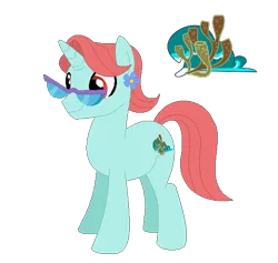 Size: 538x509 | Tagged: safe, artist:box-of-ideas, artist:kinnichi, artist:user15432, derpibooru import, oc, oc:coral waves, pony, unicorn, base used, coral, cutie mark, flower, flower in hair, glasses, image, png, reef, simple background, smiling, transparent background, wave