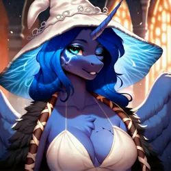 Size: 4096x4096 | Tagged: suggestive, ai content, derpibooru import, machine learning generated, stable diffusion, princess luna, alicorn, anthro, beautiful, big breasts, breasts, clothes, cracks, elden ring, game, generator:purplesmart.ai, hat, image, jpeg, prompter:anonynmi, scar, smiling, witch hat