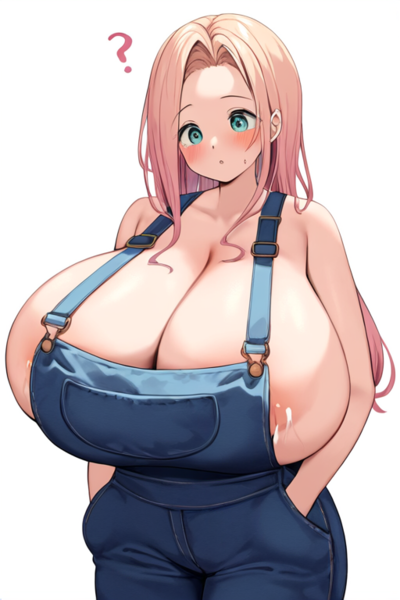 Size: 512x768 | Tagged: questionable, ai content, derpibooru import, machine learning generated, prompter:thiccai, fluttershy, human, areola, areola slip, big breasts, blushing, braless, breast milk, breasts, busty fluttershy, cleavage, clothes, female, hand in pocket, huge breasts, humanized, image, impossibly large breasts, inverted nipples, lactation, leaking milk, milk, naked overalls, nipples, no underwear, nudity, overalls, png, question mark, simple background, solo, solo female, white background