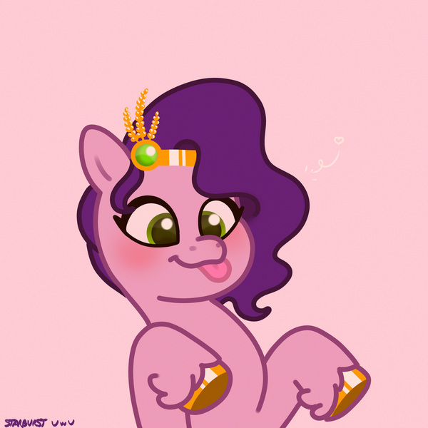 Size: 2480x2480 | Tagged: safe, artist:starburstuwu, derpibooru import, pipp petals, pegasus, pony, g5, adorapipp, blushing, cute, emanata, female, heart, high res, image, jewelry, jpeg, mare, pink background, raised hoof, raised hooves, regalia, silly, silly face, silly pony, simple background, solo, tongue out, unshorn fetlocks