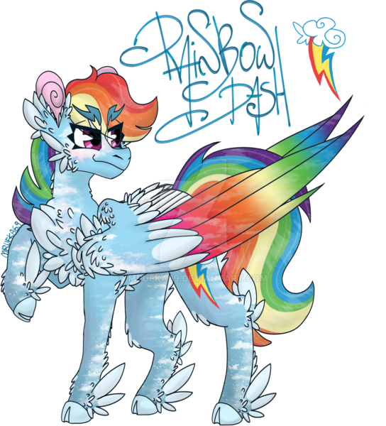 Size: 1280x1412 | Tagged: safe, artist:mrufka69, derpibooru import, rainbow dash, pony, alternate design, cloven hooves, colored wings, deviantart watermark, feathered fetlocks, image, multicolored wings, obtrusive watermark, png, simple background, solo, transparent background, watermark, wings