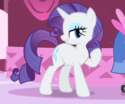 Size: 350x293 | Tagged: safe, derpibooru import, screencap, rarity, pony, unicorn, the best night ever, animated, blinking, clothes, cutie mark, dress, feather, g4, gif, image