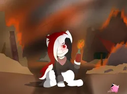 Size: 4096x3024 | Tagged: safe, artist:mairiathus, derpibooru import, oc, oc:red rocket, unicorn, fallout equestria, commission, fire, horn, image, png, red eyes, red hair, ruins, white hair